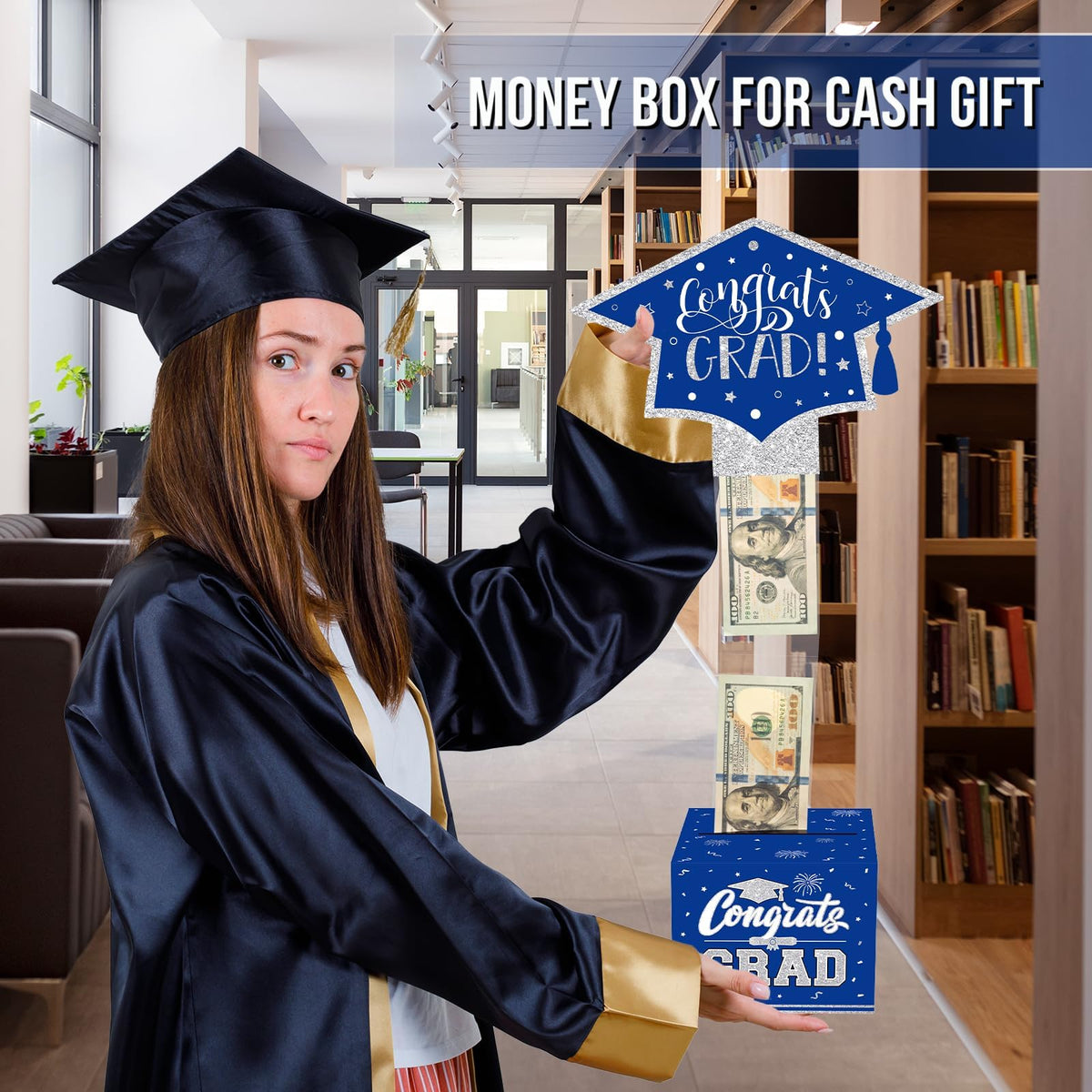VABAMNA Class of 2026 Graduation Money Box for Cash Gift Pull, Funny Surprise DIY Cash Gift Idea Kit Graduation Money Holder for Boys Girls College High School Congrats Grad Party Favors, Blue Silver