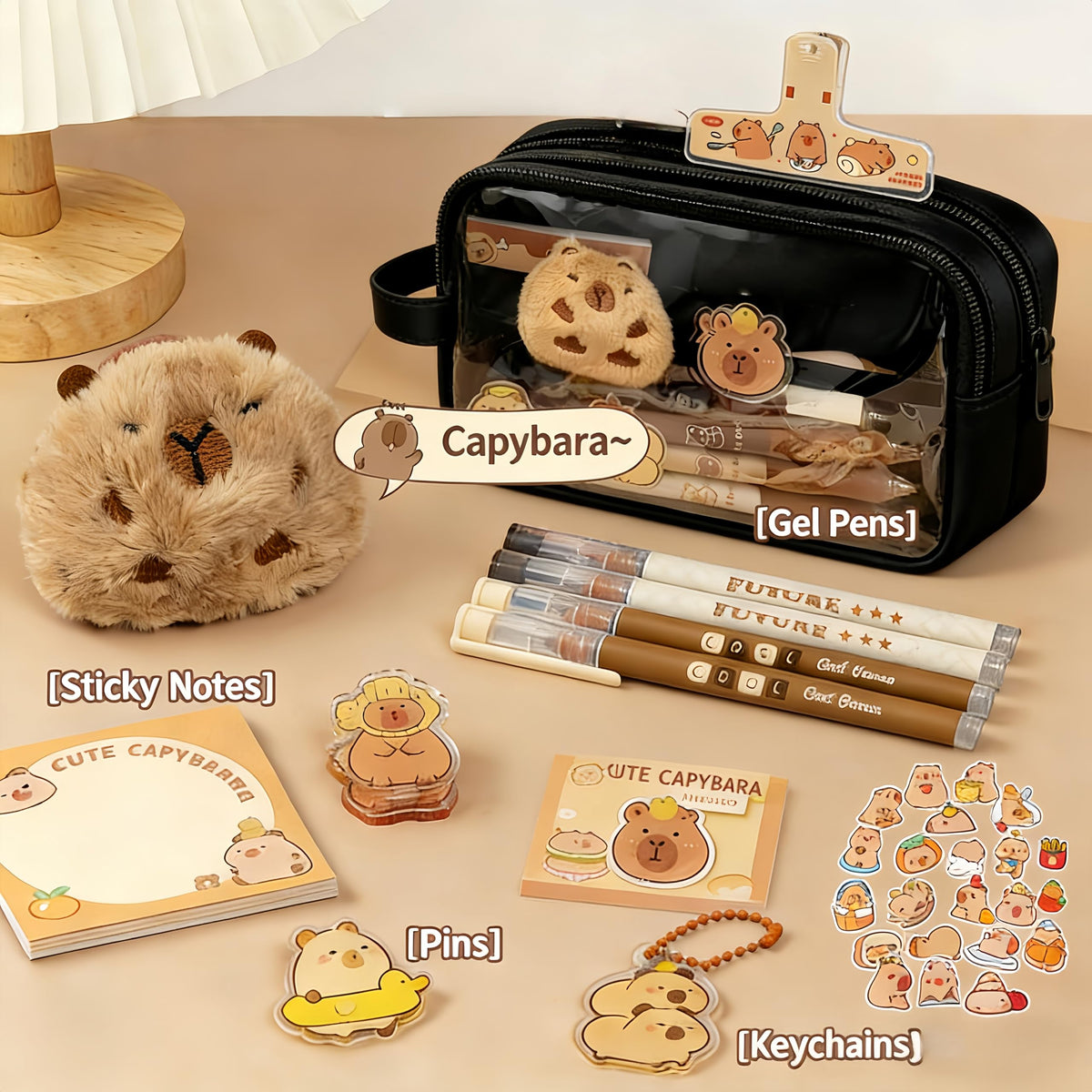 IN Chenthy Kawaii Capybara Pencil Case Kit with Plush +Notepad+Pendant+Stickers+Binder clips+Diary Clip+Pens, 5-Layer Large Capacity Capybara Stationery Set Gifts for Office, Makeup. (Black)