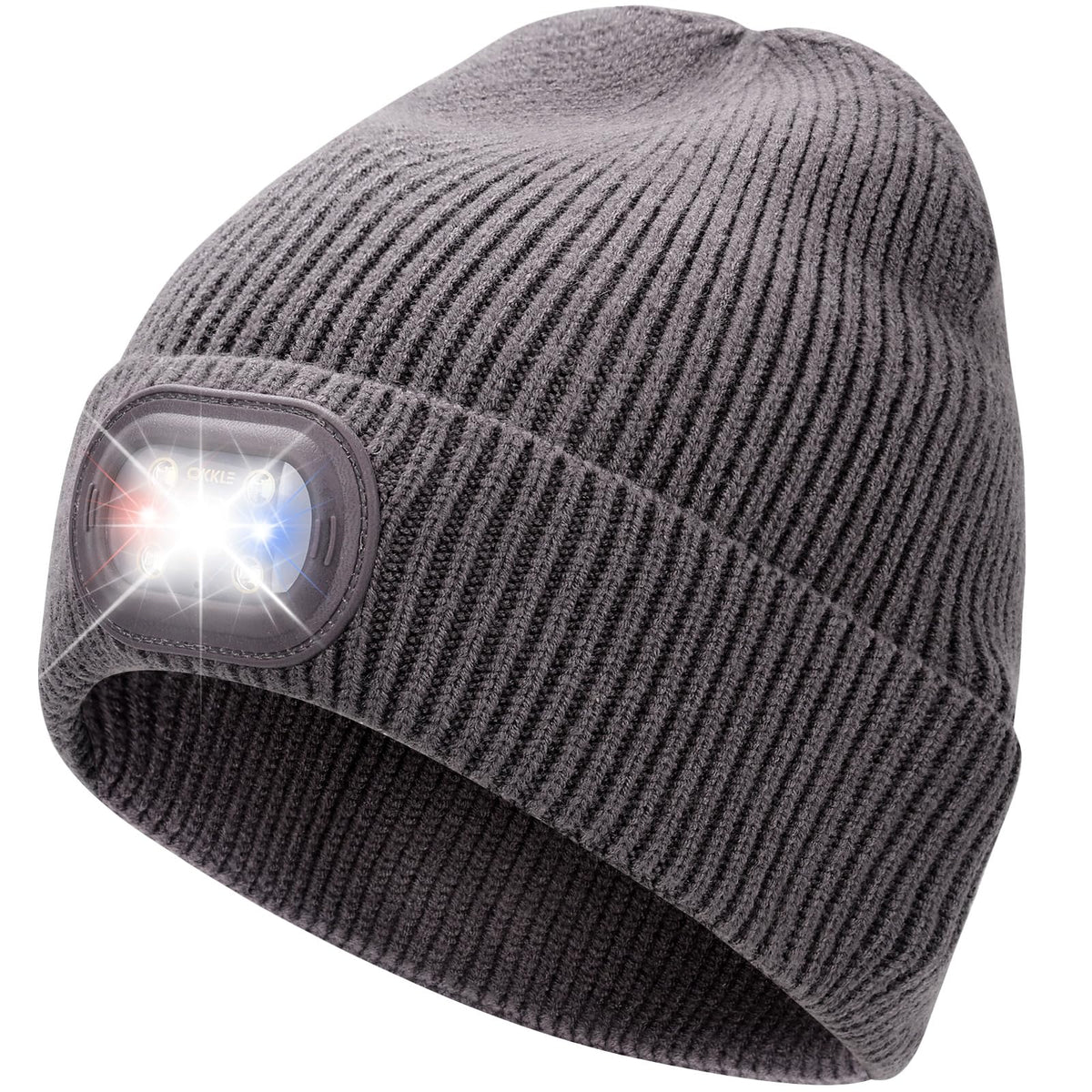 OKKLE Unisex LED Beanie with Light, USB Rechargeable Headlamp Hat, Winter Gifts for Men Women Husband Him Dark Grey