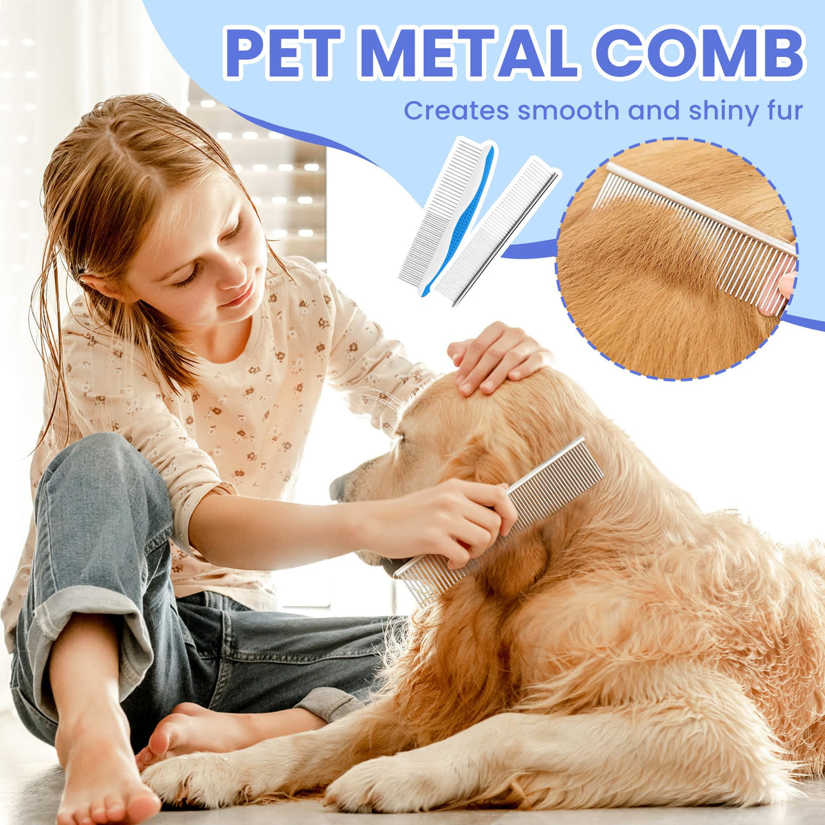 Self Cleaning Shedding Brush - 5-in-1 Professional Pet Grooming Kit Skin Friendly Grooming Tool for Dogs, Cats, and Puppies, Deshedding and Hair Removal for Long and Short Haired Pets（Blue-White）