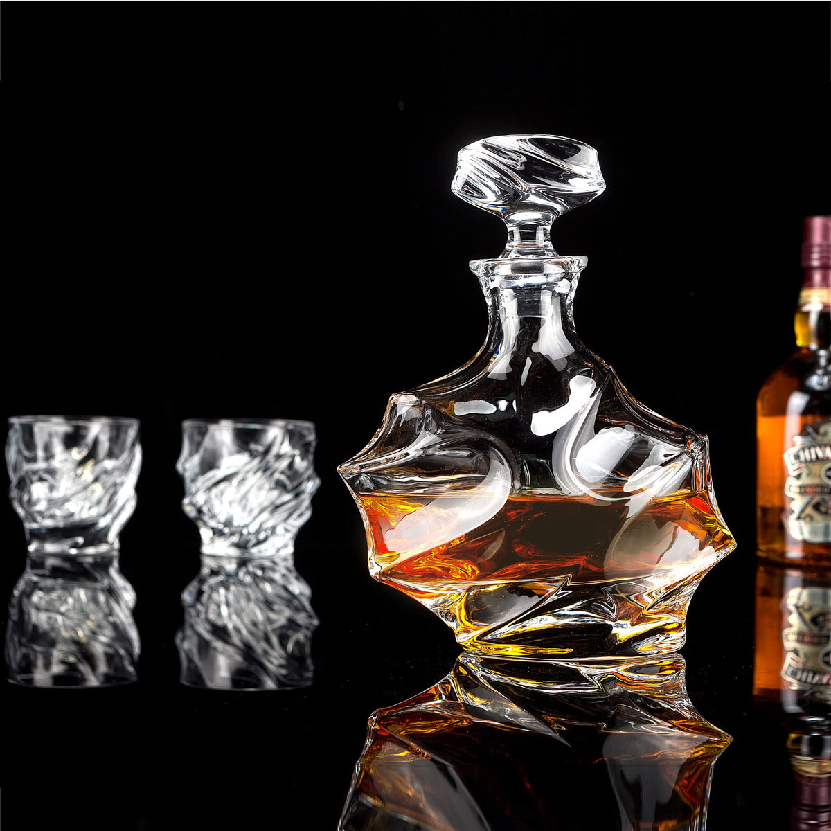 KANARS Whiskey Decanter Set - 25 Oz Crystal Liquor Decanter Carafe with 4 Rock Glasses 9 Oz For Bourbon, Scotch, Vodka, Rum or Whisky - Gift for Men Dad Husband Brother Adult Groomsmen - 5 Piece