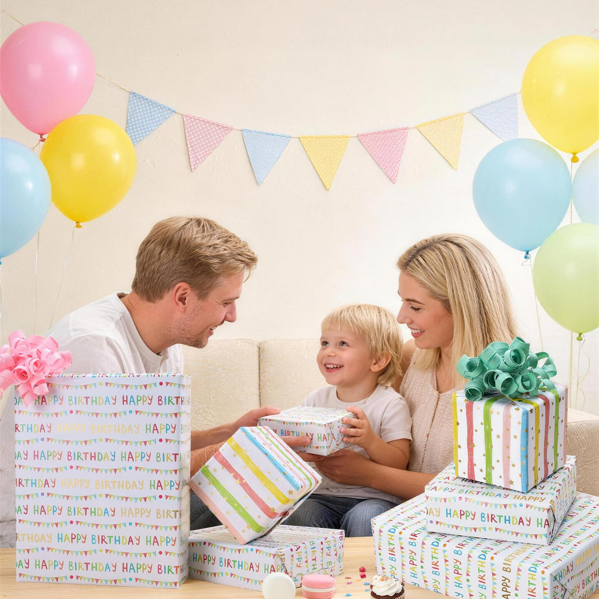 LaRibbons Reversible Happy Birthday Wrapping Paper, Colorful Birthday Lettering with Party Bunting, Stripe & Gold Foil Star Design on Back, Festive Gift Wrap for Party Celebration, Kids, Girls, Women, 17" x 33'