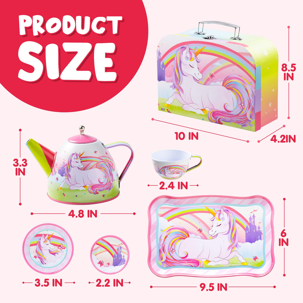 JOYIN Unicorn Tea Party Set for Little Girls, Pretend Pink Tin Teapot Set, Princess Tea Time Play Kitchen Toy with Teapot, Cup, Plate, Carrying Case for Kids Toddlers Age 3 4 5 6, Easter Birthday Gift