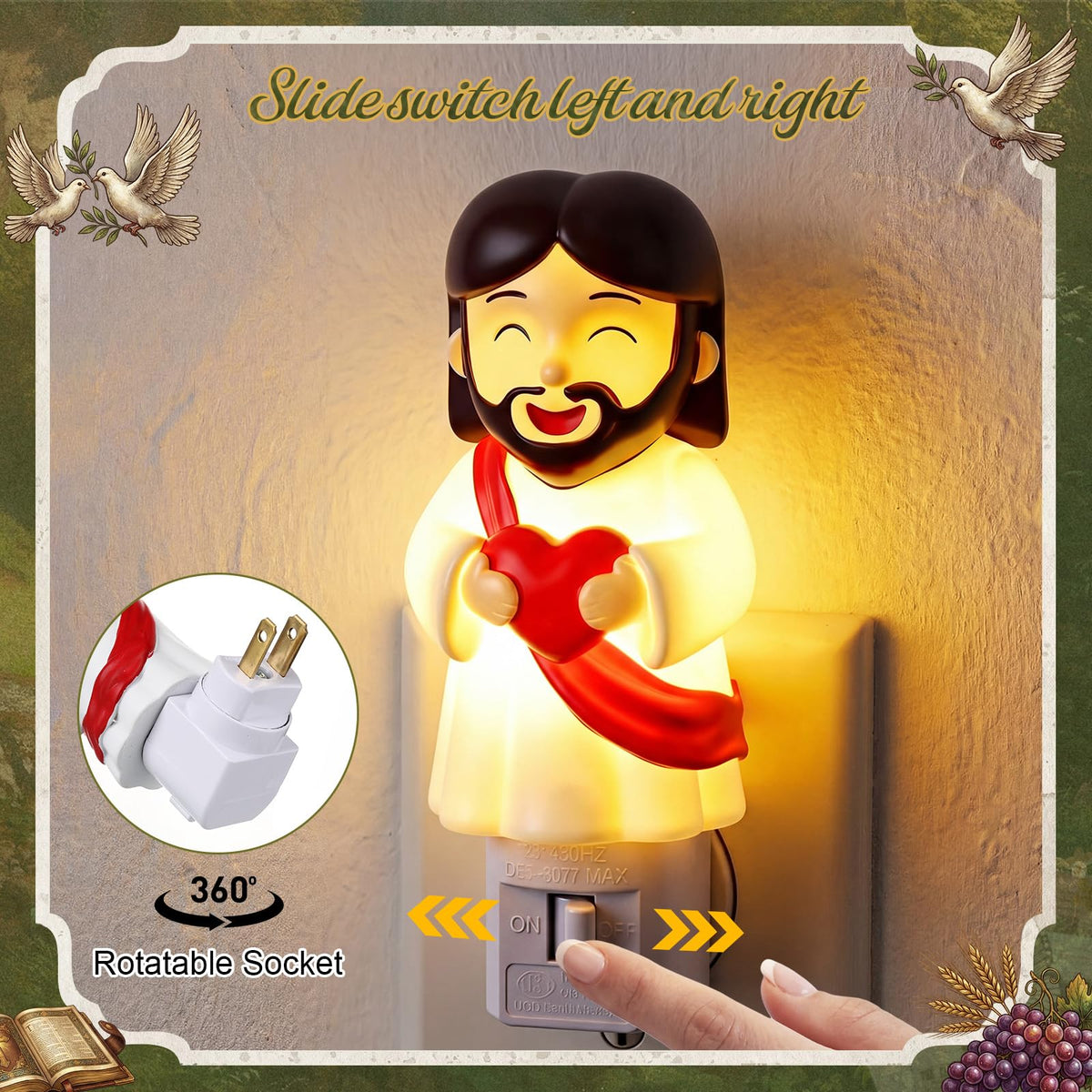 Lewtemi Easter Jesus Night Light Plug into Wall, Cute Christian Nightlight with 360° Rotatable Warm Lamp, Smiling Decor for Bedroom, Hallway & Uplifting Religious Gift(Red,Jesus)