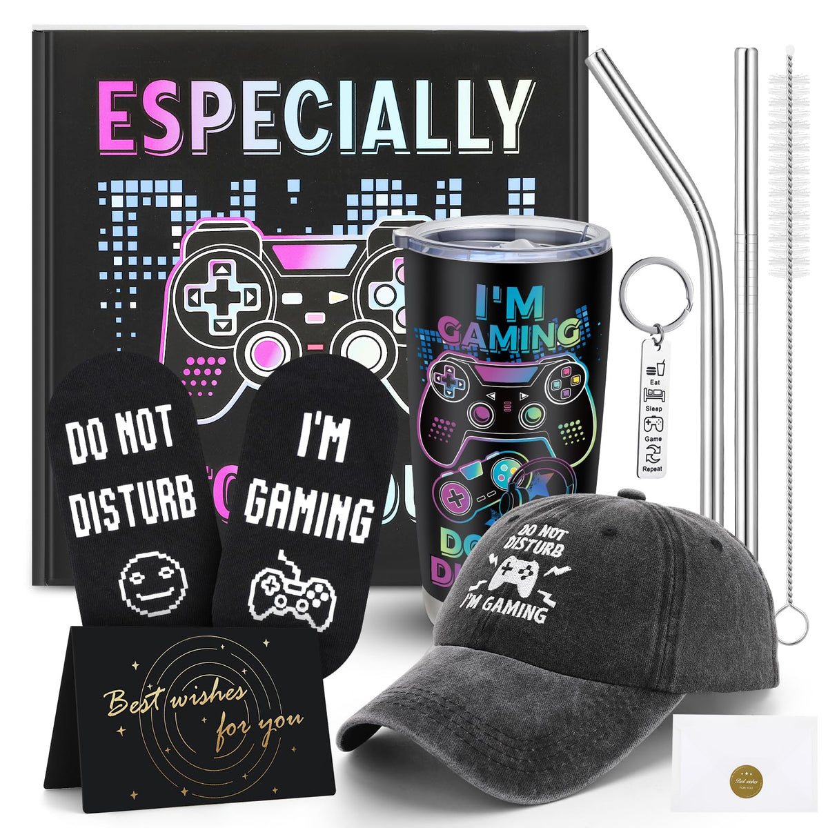 Fingertip WD 6 Pcs Gamer Gifts for Game Lover with Baseball Cap Insulated Tumbler Socks Keychain Greeting Card Gift Box for Women Men Boyfriend Girlfriend Birthdays Gifts