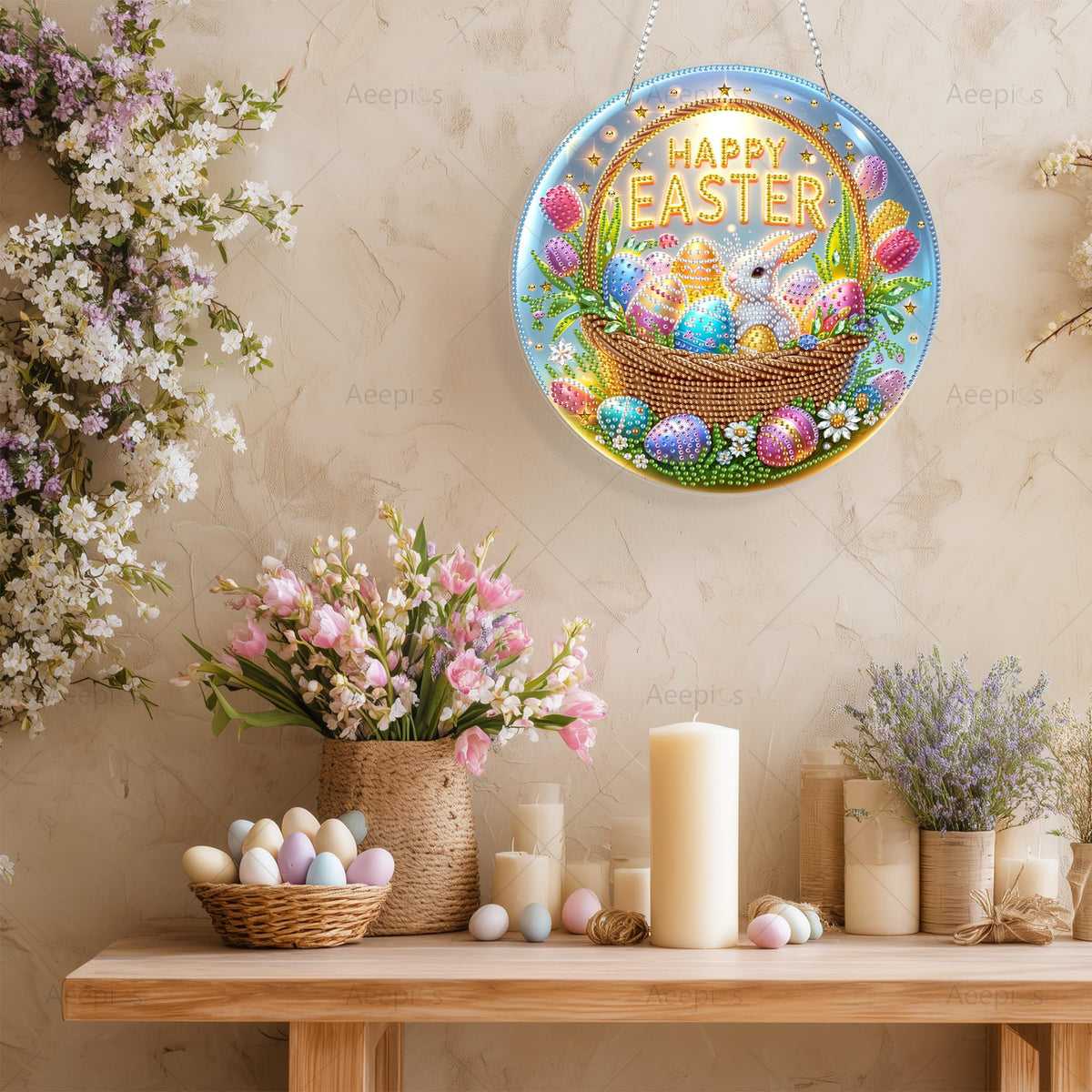 Aeepics Easter Diamond Art Hanging Kits for Adult, DIY Round Diamonds Painting Pendant Ornament Kit, Acrylic Diamond Art Board Painting (Happy Easter)