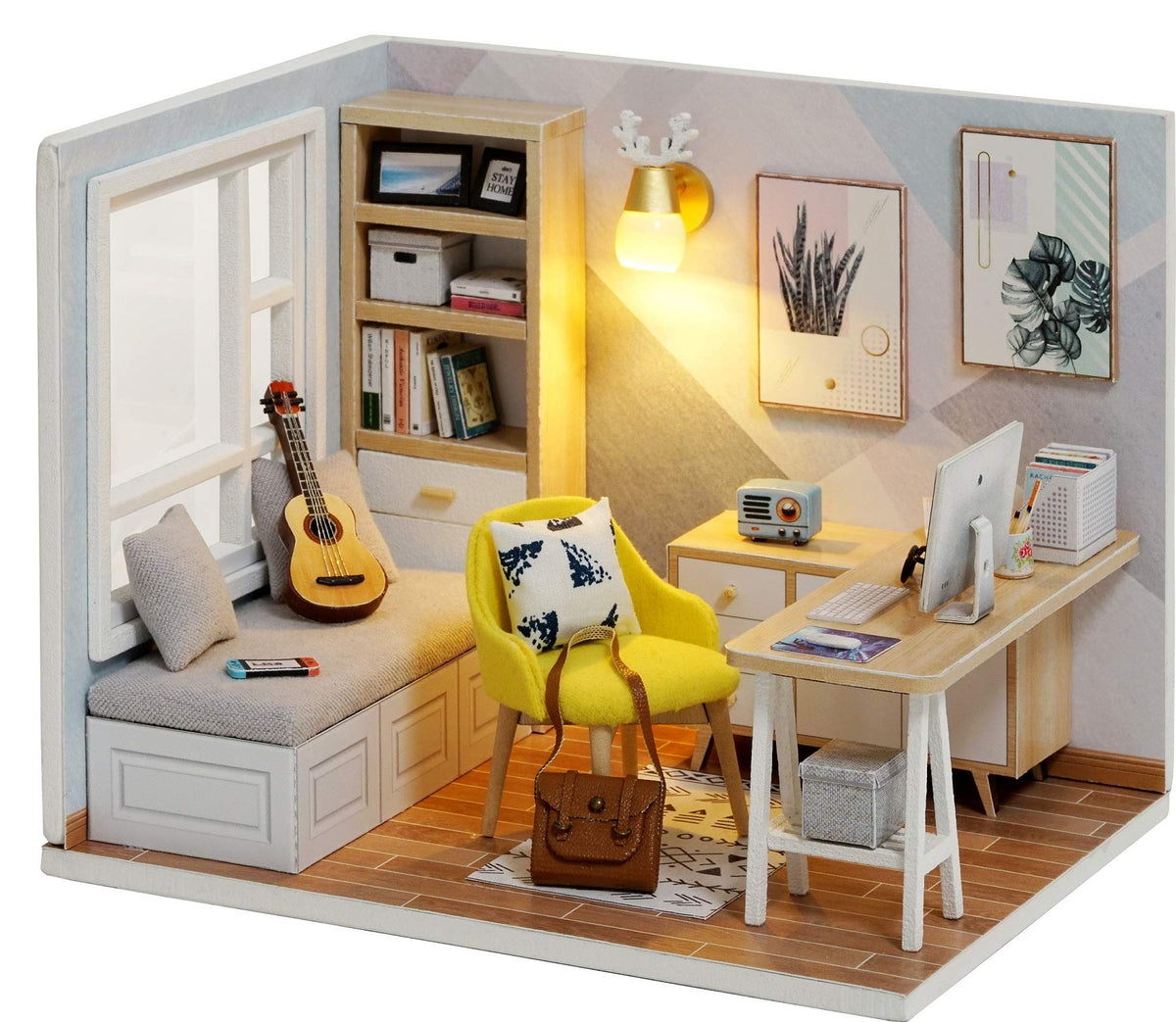CUTEROOM DIY Doll Room Miniature Furniture Wooden House Kit - Wooden Dolls House Kit with Dust Cover & LED Light and Accessories - QT Series Dollhouse