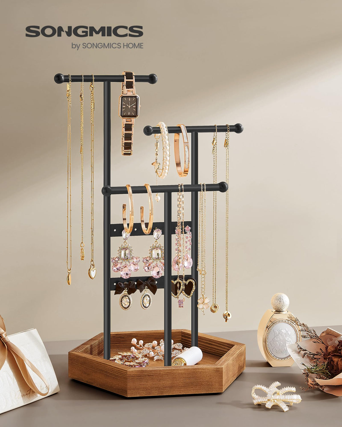 SONGMICS Jewelry Holder, Jewelry Organizer, 3 Tiers and 1 Tray, Jewelry Display Stand with Metal Frame, Necklace Earring Bracelet Holder, for Rings, Ink Black and Caramel Brown UJJS03CB