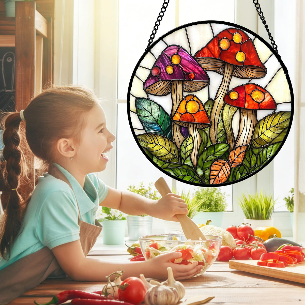 DASTOLL Stained Glass Window Hanging, Mushroom Leaves Suncatcher for Doors Home Sun Catchers Decoration and Christmas, Mother's Day Birthday Gifts for Women, Men, and Mom 6.3 in