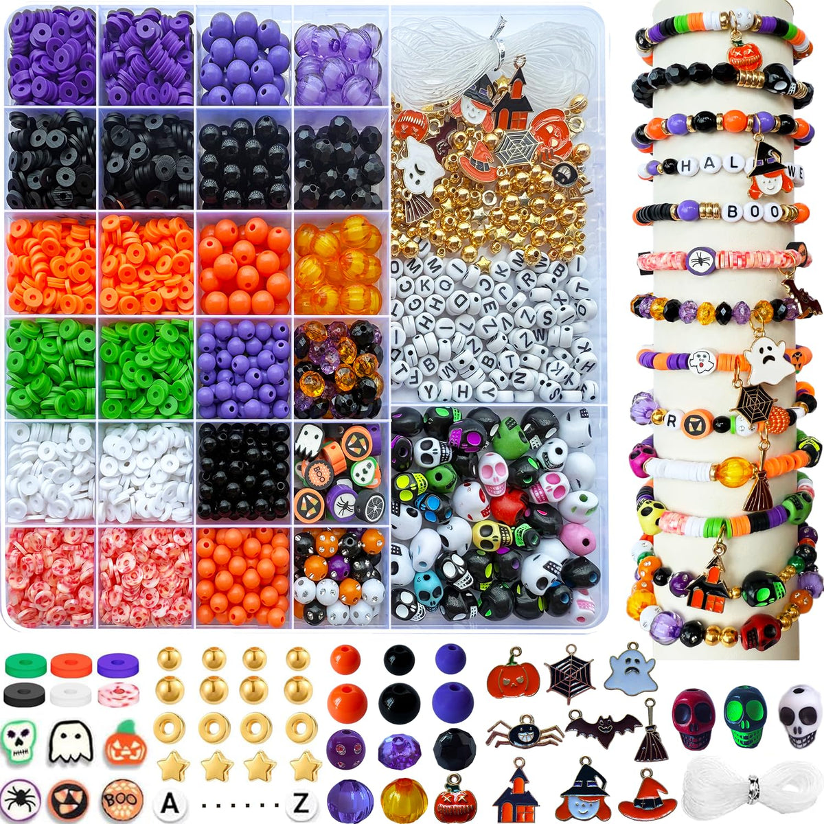3140Pcs Halloween Beads for Bracelet Jewelry Making Kit, Halloween Clay Beads Black White Orange Purple Pumpkin Round Letter Star Skull Bead Bulk with Ghost Witch Hat Charm for DIY Craft Earring