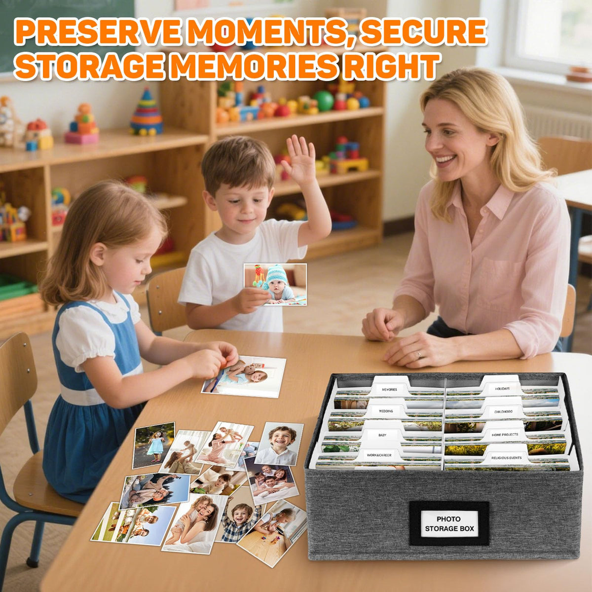 Photo Storage Box with Lid, Photo Organizer Box Fits Holds up to 1700 and 4x6 Pictures, with 8 Adjustable Dividers, 60 Labels, Photo Album Box for Envelopes, Scrapbooking, Recipes, Cards, Stamps