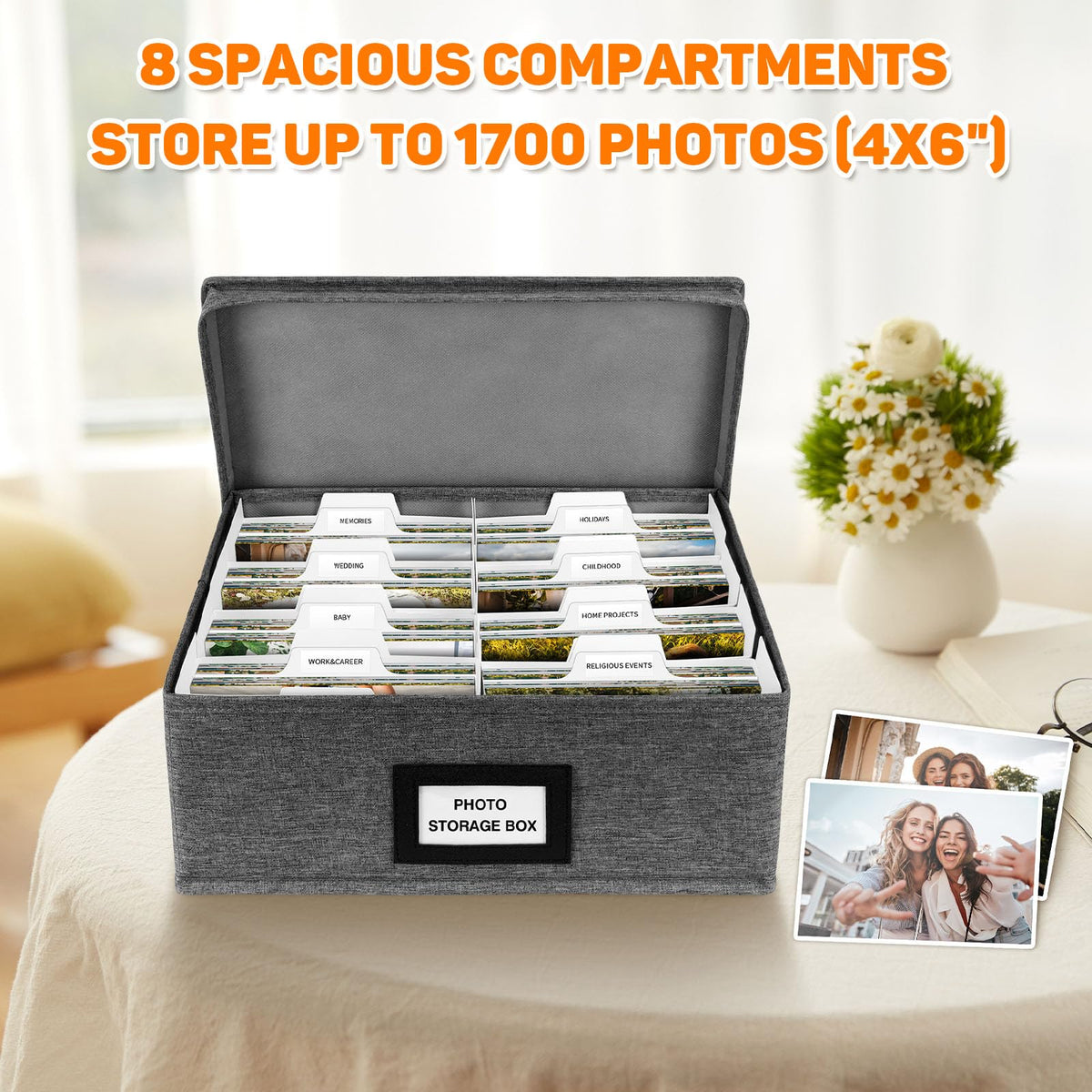 Photo Storage Box with Lid, Photo Organizer Box Fits Holds up to 1700 and 4x6 Pictures, with 8 Adjustable Dividers, 60 Labels, Photo Album Box for Envelopes, Scrapbooking, Recipes, Cards, Stamps