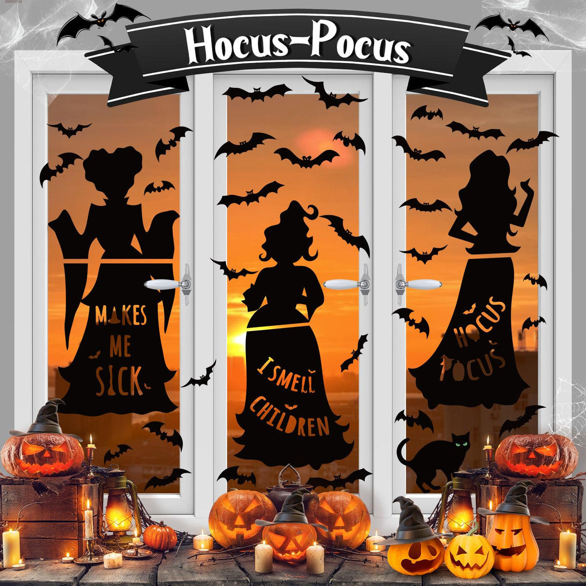 Halloween Window Decals Black Cat Bat Witch Silhouette Reusable Waterproof Static Clings for Glass Home Party Decor 35.4 x 6.9 inch