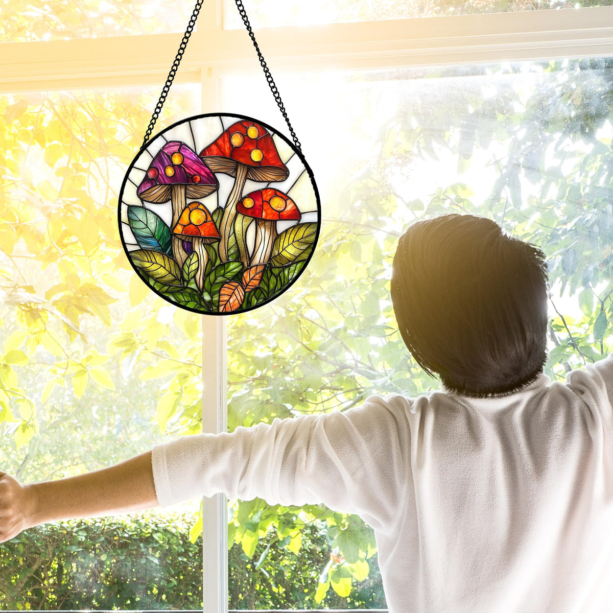 DASTOLL Stained Glass Window Hanging, Mushroom Leaves Suncatcher for Doors Home Sun Catchers Decoration and Christmas, Mother's Day Birthday Gifts for Women, Men, and Mom 6.3 in