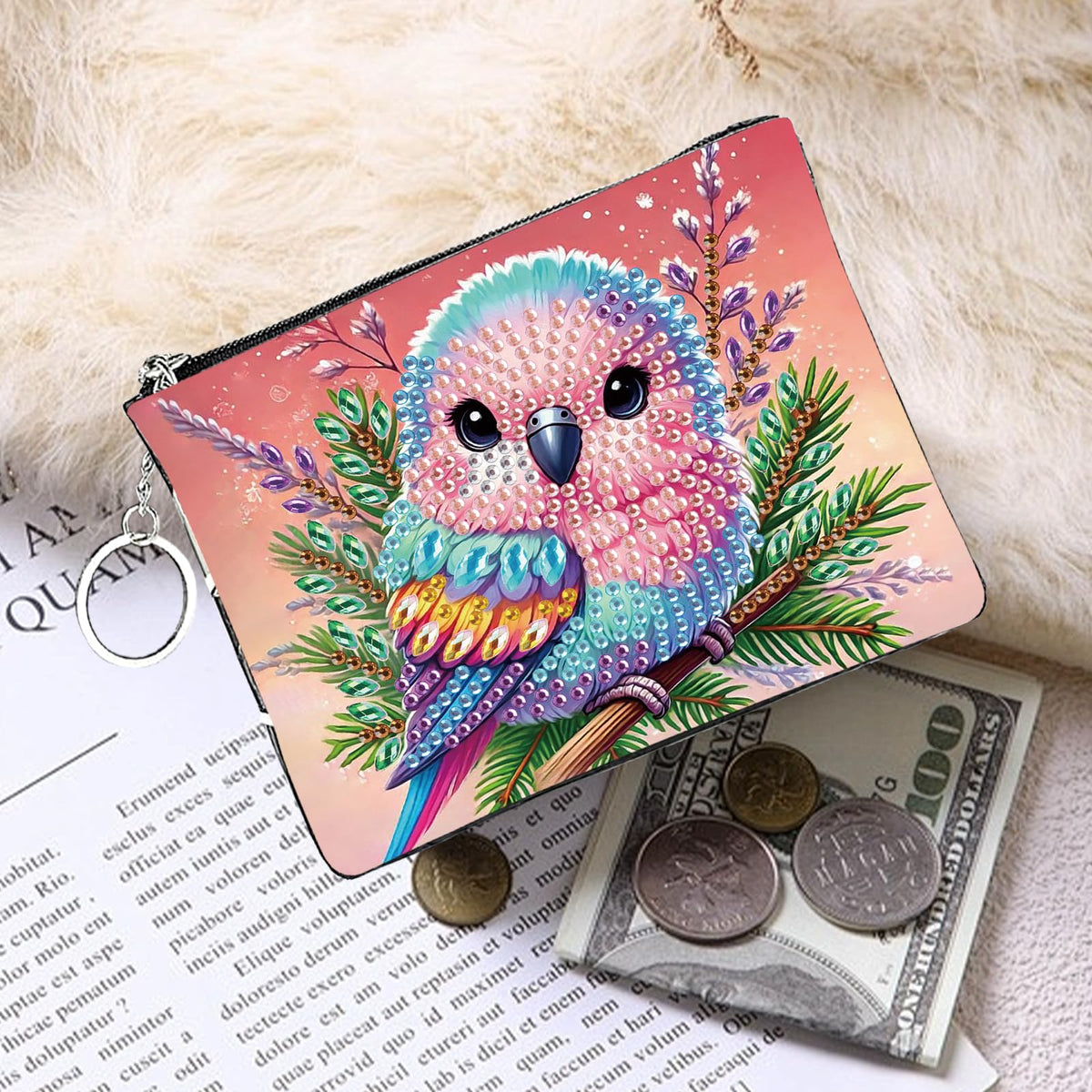 JZHYOAN Animal Diamond Painting Small Coin Purse for Women DIY Bird Coin Pouch Coin Purse with Zipper and Keyring Diamond Art Purses and Wallets Gem Art Handbags Wallet Keychain for Cards Keys Craft