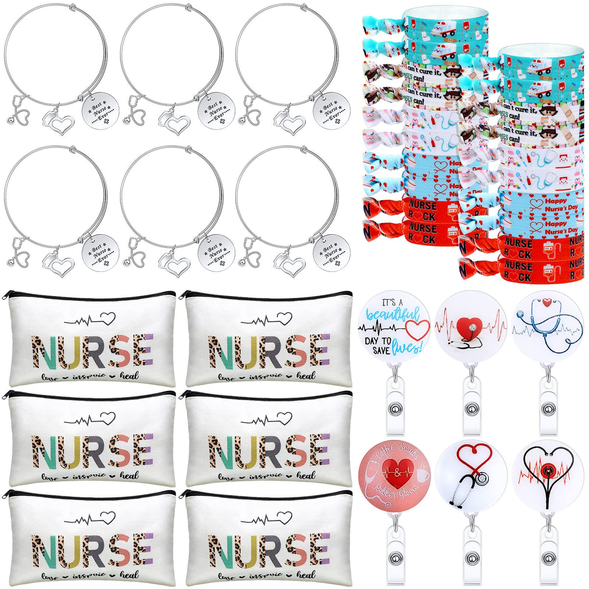 Pajean 38 Pcs Nurse Week Gifts Set for Women Bulk Nurse Appreciation Gift with Makeup Bags, Badge Reels, Bracelets, Hair Ties for Nursing Graduation Practitioner Emt Rn Lpn Cna Survival Kit