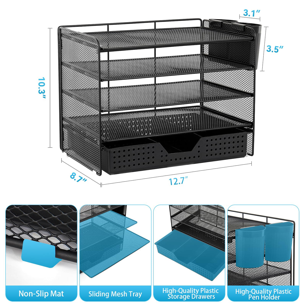 LEKETREE Desk Organizer and Accessories, 5-Tier Paper Letter Tray Organizer with Drawer & 2 Pen Holders for Desktop File Organization, Office Desk Accessories for Supplies Storage (Black)