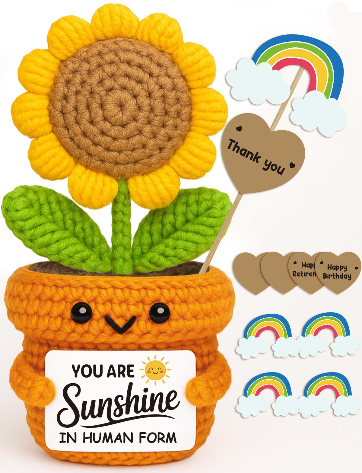 Frabaca Positive Mini Crochet Sunflower Christmas Desk Decor – You are Sunshine – Appreciation Gift for Coworker, Teacher, Friend, Employee – Encouragement Plush for Office, Birthday, Thanksgiving