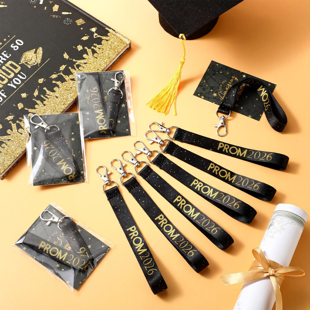 Knitgrip 24 Set Prom 2026 Graduation Party Favors Prom Lanyard Keychain Holder Class of 2026 Keychain with Cards Bags for College (Black)