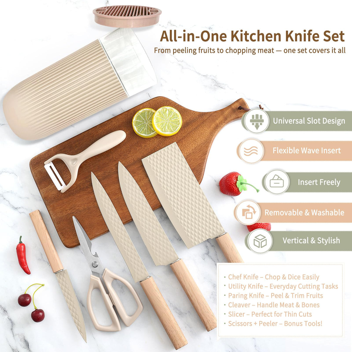 TOPLUCKY Knife Set, 7-Piece Kitchen Knife Set with Sharp Chef and Meat Knives, Anti-Rust Utility Knives Set for Kitchen, Kitchen Knife Block Set – Khaki