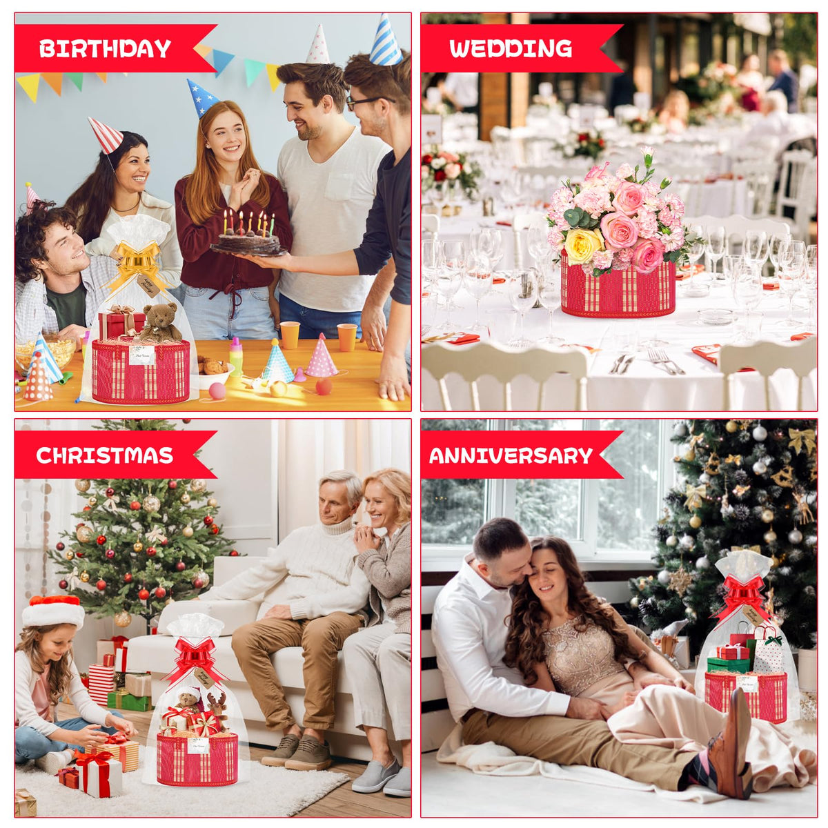 SelfTek 3 Pack Baskets for Gifts Empty, Woven Bamboo G-ift Basket Kit with Wrap Bags, Gift Card, Raffia and Pull Bows, Gifts Baskets for Birthday, Wedding, 30 x 20 x 15 cm-Red