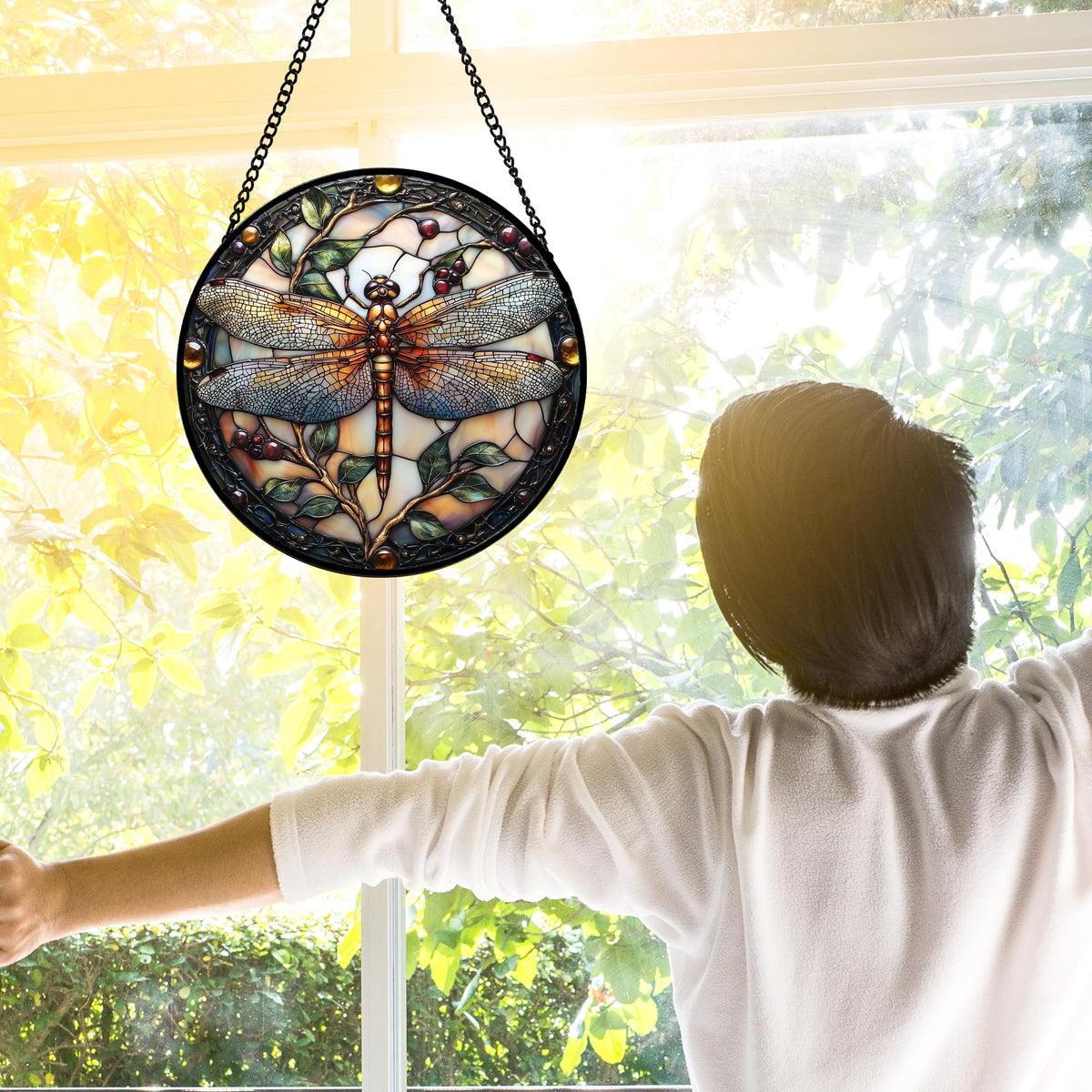 DASTOLL Stained Glass Window Hanging - Dragonfly Plant Suncatcher Ready to Hang Window Doors Home Decoration, Christmas, Mother's Day Birthday Gifts for Women, Men, and Mom 7.8x7.8 in
