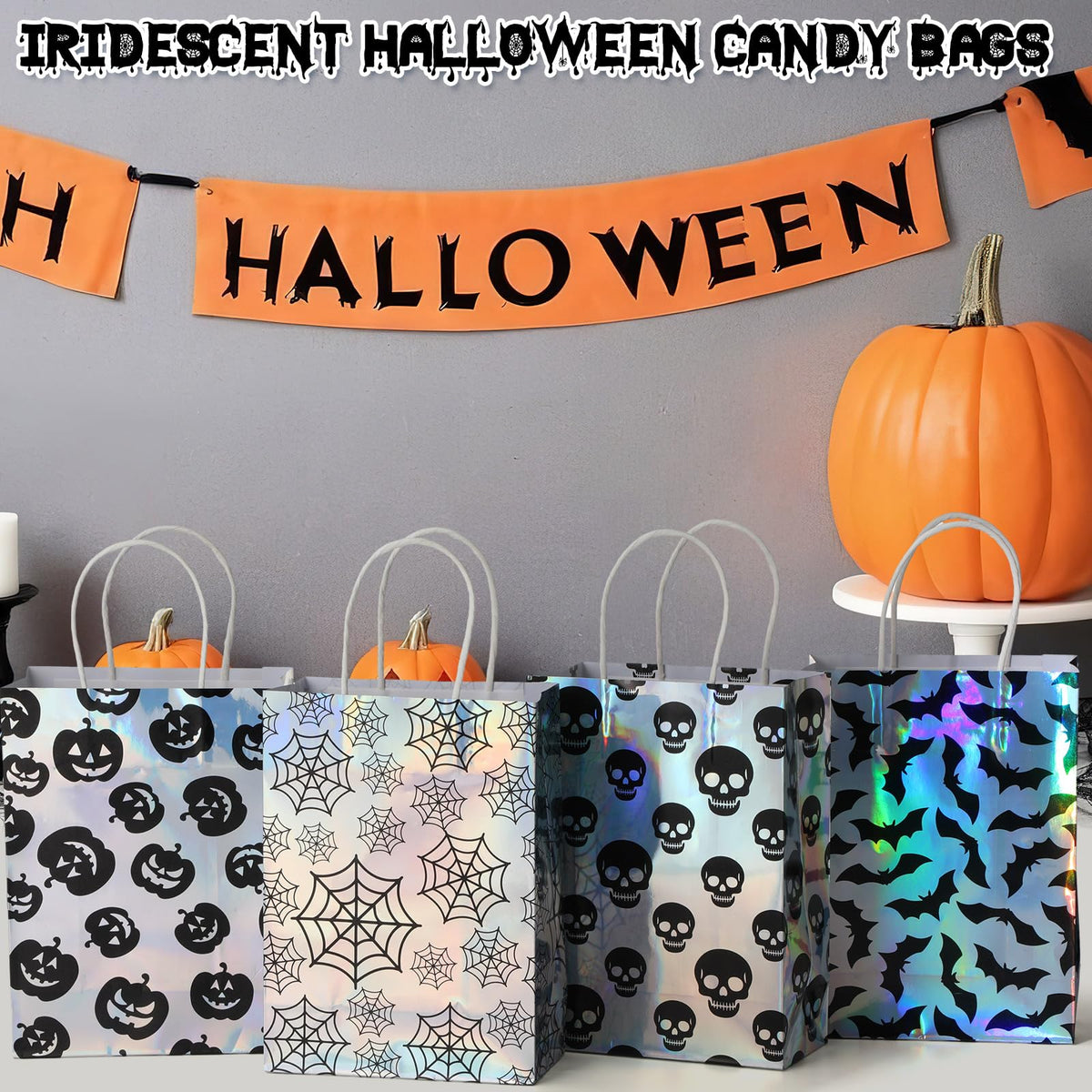 Paterr 24 Pcs Iridescent Halloween Paper Bags Holographic Bat Pumkin Skeletons Pumpkins Spider Webs Trick or Treat Reusable Gift Bags for Halloween Party Supplies Favors(Classic Patterns)