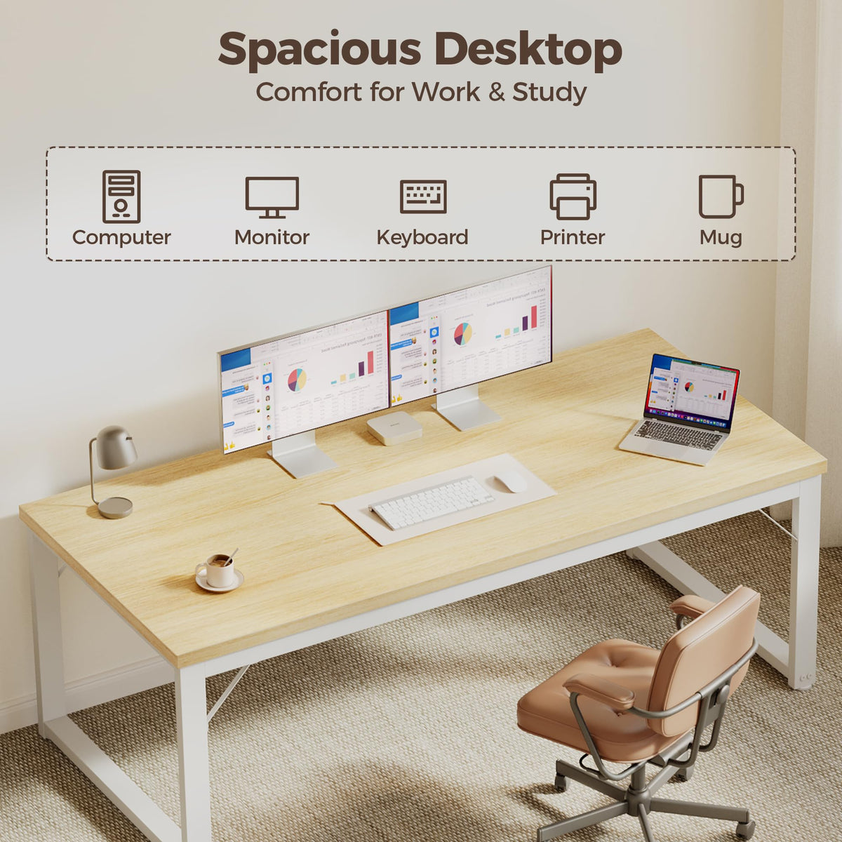 Mericonia 48 Inch Computer Desk, 1" Thick Heavy Duty Industrial Office Desk, Modern Simple Study Writing Table for Home Office Bedroom Workstation, Oak
