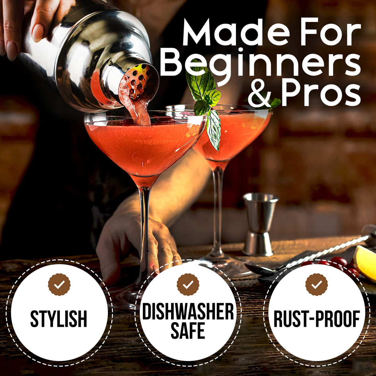 Cresimo 24oz Cocktail Shaker Set with Bar Accessories for Home Bar - Martini Shaker with Jigger and Drink Mixer Spoon - Alcohol Bartender Gift - Bartending Kit Essential for Home