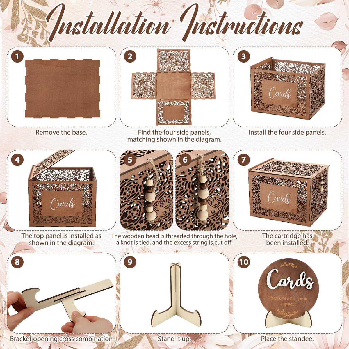 Ferrochef Wedding Card Box with Sign Boho Rustic Wood Gift Card Box Vintage Money Cards Holder for Wedding Baby Shower Graduation(Flower,Brown,11.4 x 9 x 8.5 Inches)