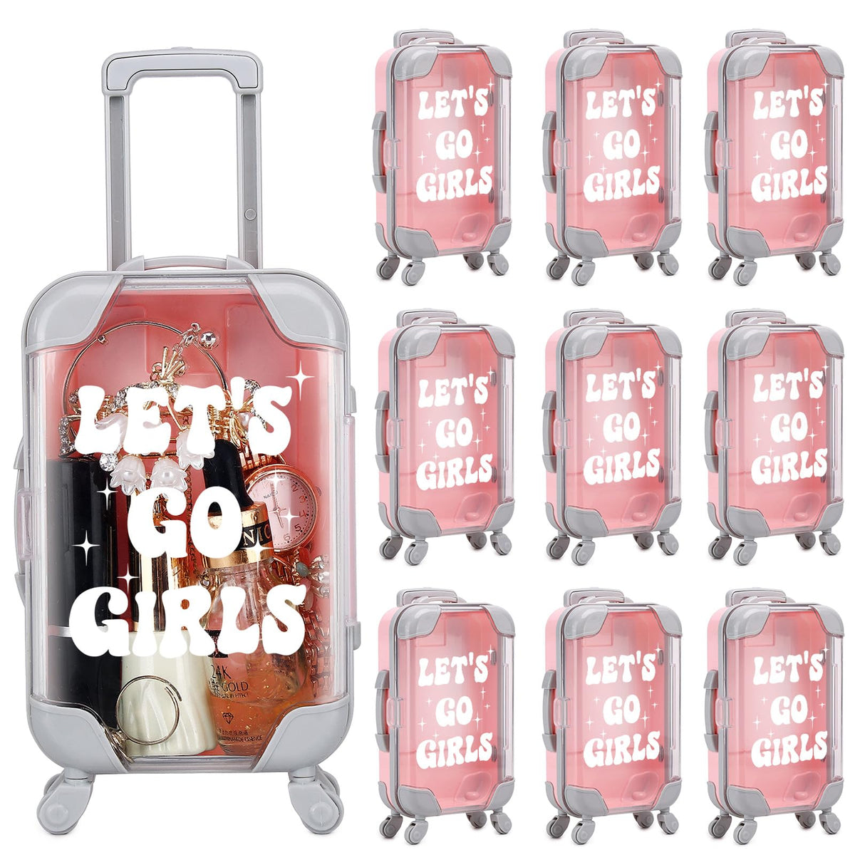 AIOMOB 10 Pack Mini Suitcase Party Favor Gift Box Plastic Gift Box False Eyelashes Miniature Luggage for Travel Wedding Bachelorette Party Bridesmaid Bridal Shower Favors Decorations (Let's Go Girls)