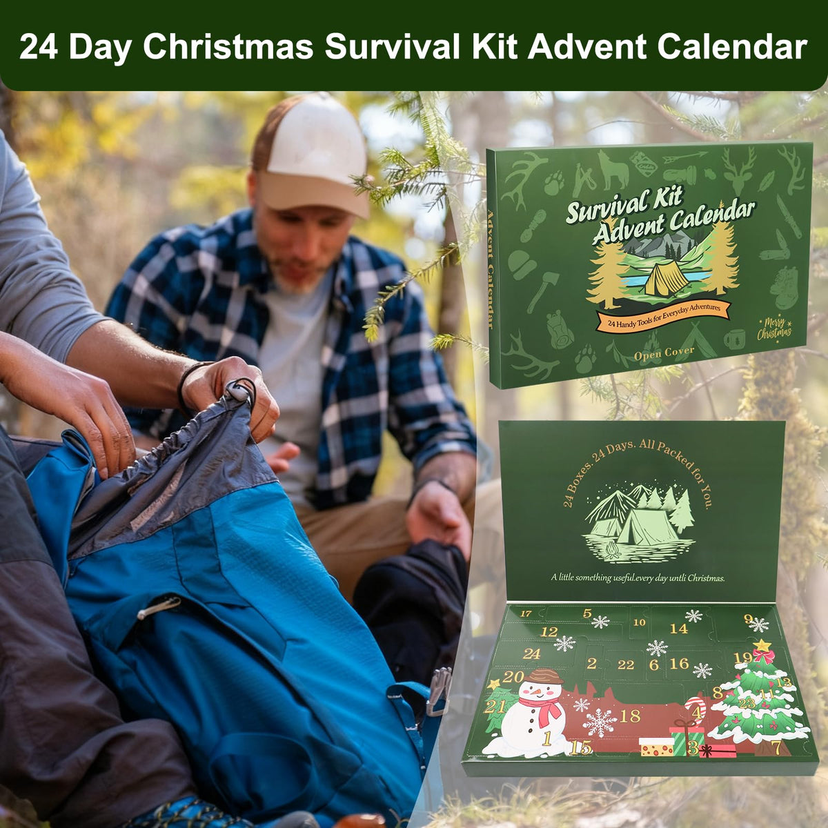 Survival Kit Advent Calendar for Men,24 Day Christmas Countdown Calendar Emergency Survival Gears Gift for Adults, 2025 Xmas Gifts for Outdoor Enthusiasts, Camping, Fishing, Hunting, Hiking