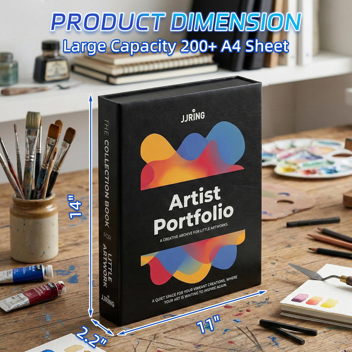 JJRING 9x12 Foldable Art Portfolio Storage Box with Elastic Bands, Student Artwork Keepsake & Professional Document Organizer Folder For Drawings and Classroom Use (Black)