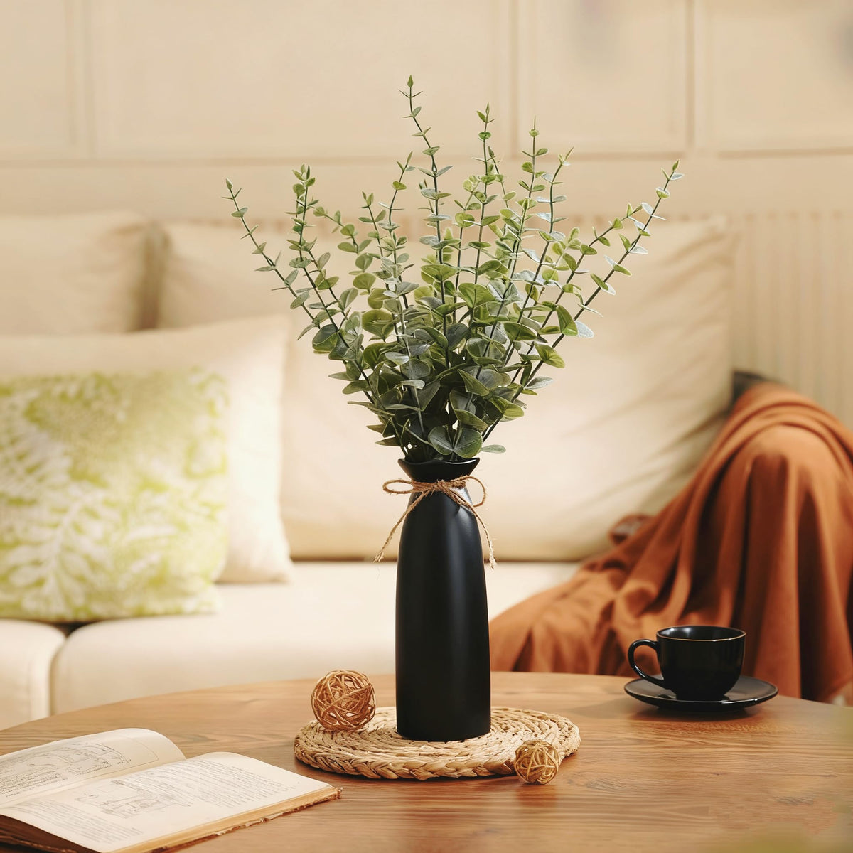 Shanranplus Vase with Greenery, 20pcs Artificial Eucalyptus Stems in Black Vase, Fake Plant Home Decor, 19" Decorative Faux Plants for Home Farmhouse Mantle Centerpiece Decor