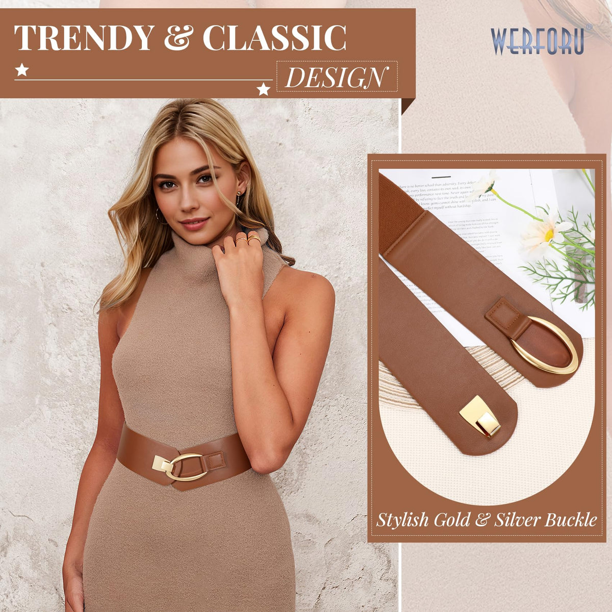 WERFORU Women Wide Elastic Belt Women Fashion Wide Belt with Gold Buckle Ladie Thick Waistbelt for Dresses