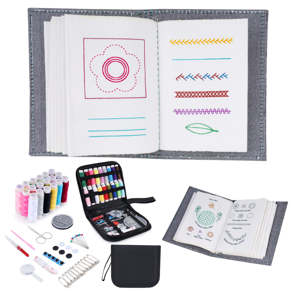 86-Piece Complete Sewing Kit + Illustrated Guide to 106 Embroidery Stitches | DIY Embroidery Kit: A One-Stop Starter Kit to Take You from Beginner to Expert [Portable Embroidery Workshop]