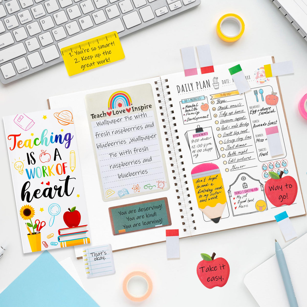 Xqumoi 2 Pack Teaching is A Work of Heart Sticky Notes Set - Ruler Blackboard Pencil Apple Self-Stick Note Pads Teacher Appreciation Gift Writing Memo Pads Page Marker Back to School Office Supplies