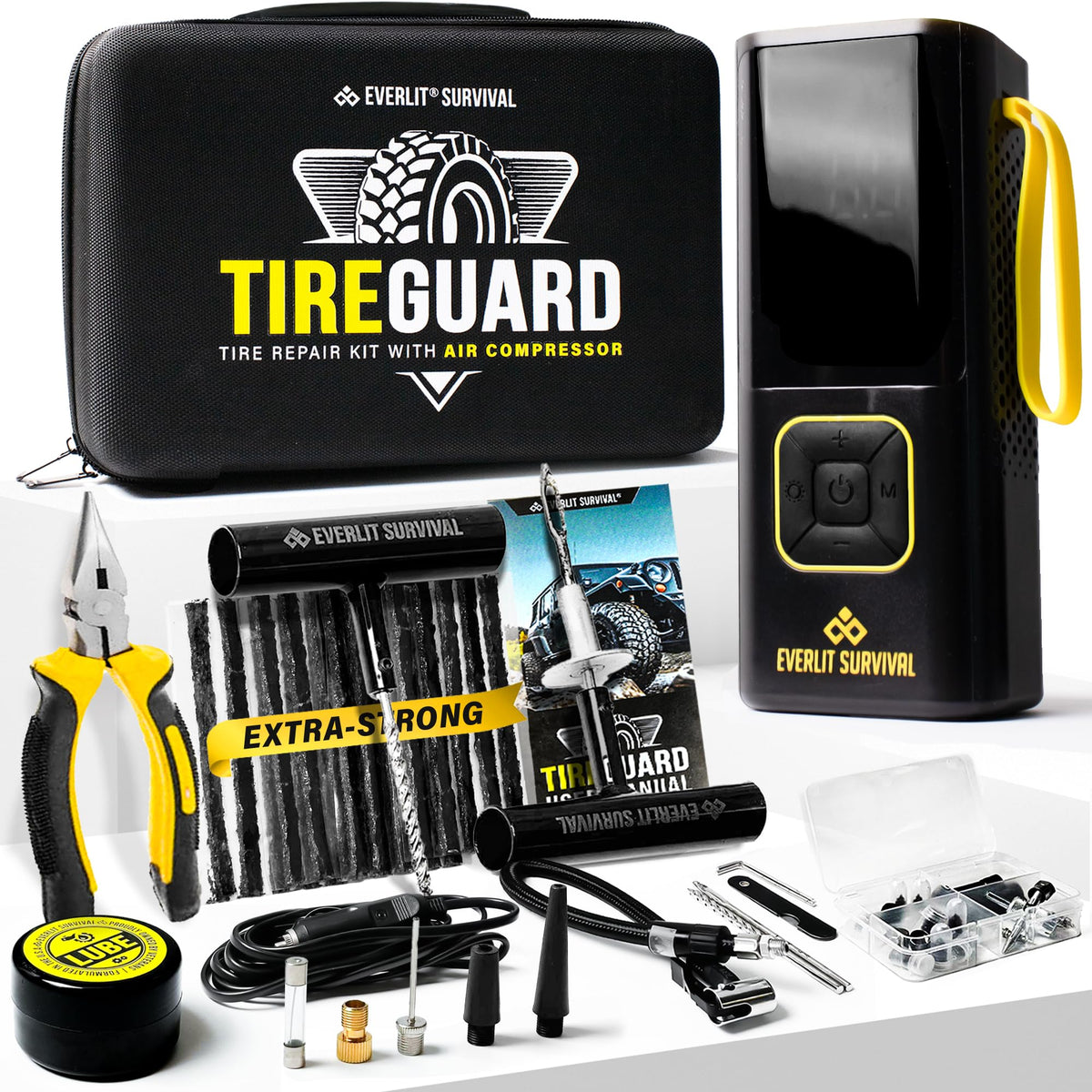 EVERLIT All-in-One Tire Repair Kit with Air Compressor – 150 PSI Portable Cordless Tire Inflator & Plug Kit – Flat Tire Emergency Roadside Kit for Car, SUV, Truck & Motorcycle Fast Repair & Inflation