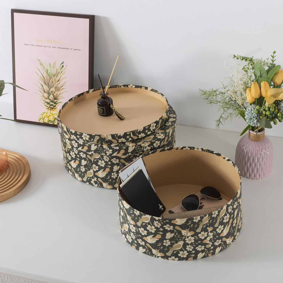 Soul & Lane Large Oval Cardboard Decorative Storage Boxes with Lids - Midnight Blossom Serenade, Set of 2 Cardboard Boxes for Flowers and Gifts, Nesting Memory Containers for Keepsakes and Organizing