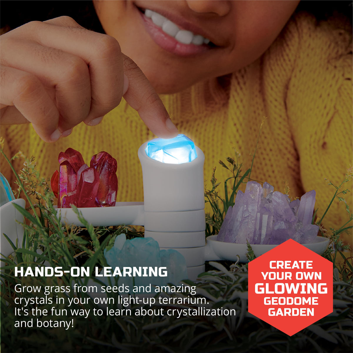 Discovery™ DIY Light-Up LED Terrarium - Plants & Crystals Geodome Grow Kit, 3 Colorful Crystal Formations, Rye Grass, Education STEM Activity Set, Indoor Science Experiment, Chemistry Gift