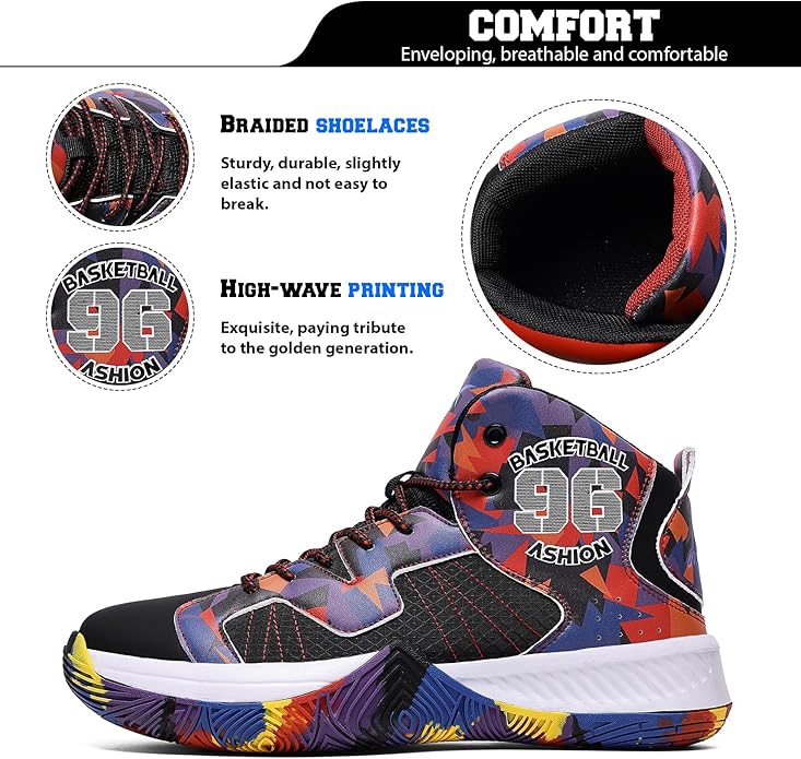 ASHION Kids Basketball Shoes Boys Girls Sneakers Mid-Top Lace Up Cushion Anti Slip Athletic Outdoor Sport Shoes for Unisex-Child