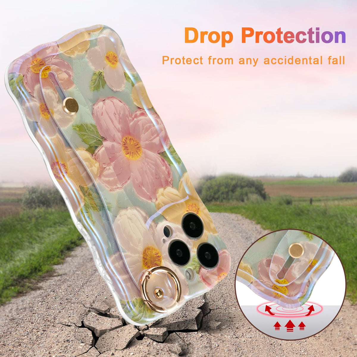 EYZUTAK Case with Hand Strap for iPhone 15 Pro, Colorful Oil Painting Flower Case with Wristband Kickstand Laser Curly Wave Edge Stylish Durable TPU Protective Cover for Women - Green