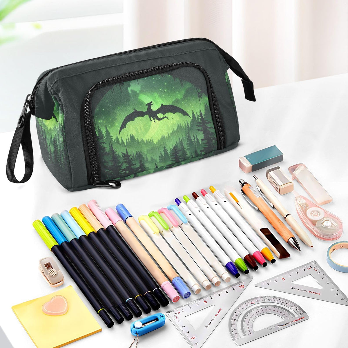 Sletend Cool Dragon Green Pencil Bag Pencil Case for Teen Boy Girl, Big Capacity Pen Bag Zipper Pencil Pouch with Handheld Aesthetic Pencil Pouch with Print School Office Pencils Stationery