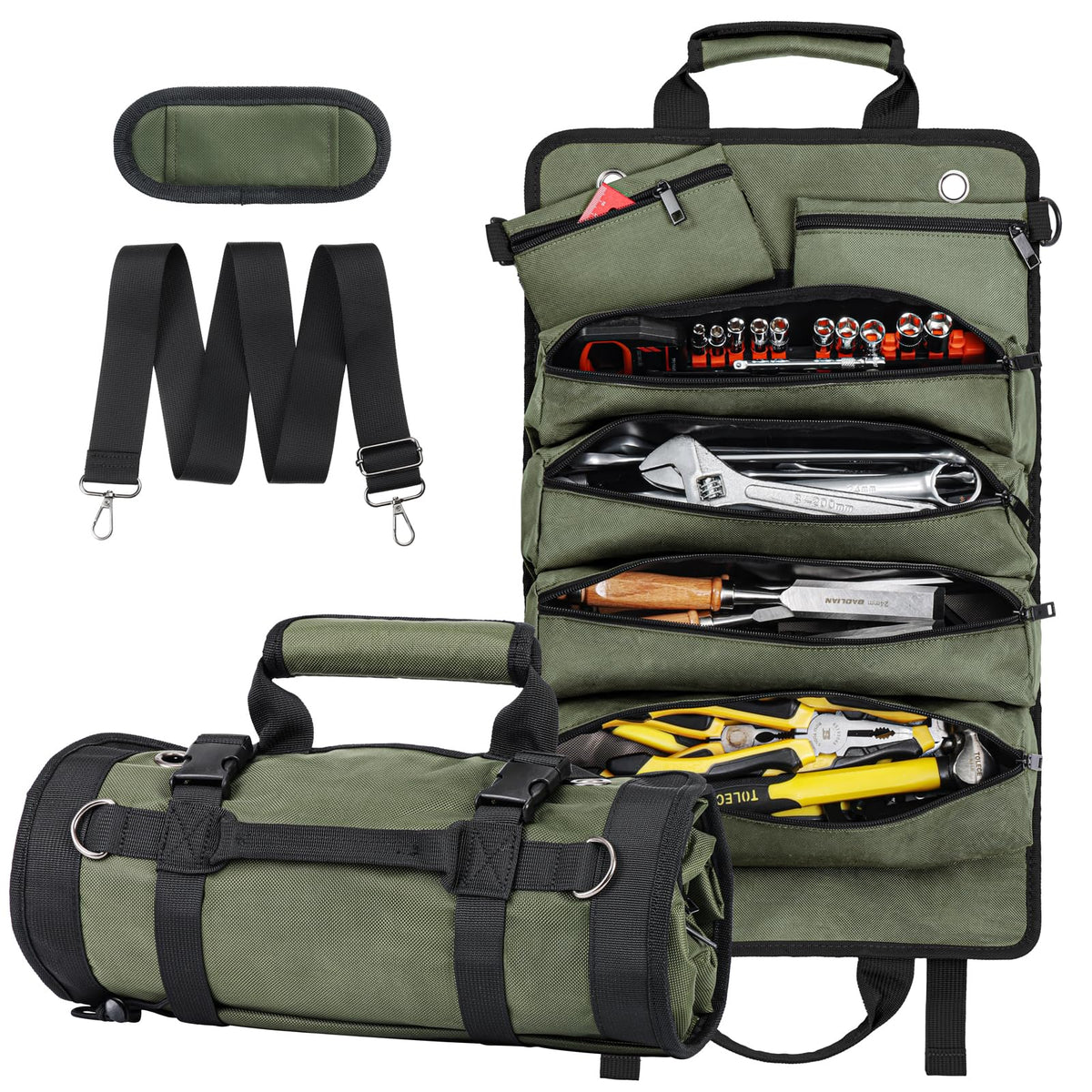 Tool Roll Up Bag, 1680D Heavy Duty Tool Bag Organizer with 2 Detachable Tool Pouches & Multiple Pockets, Waterproof Motorcycle Tool Roll for Mechanic & Electrician, Gift for Men Him Dad, 21.9"*14.7"