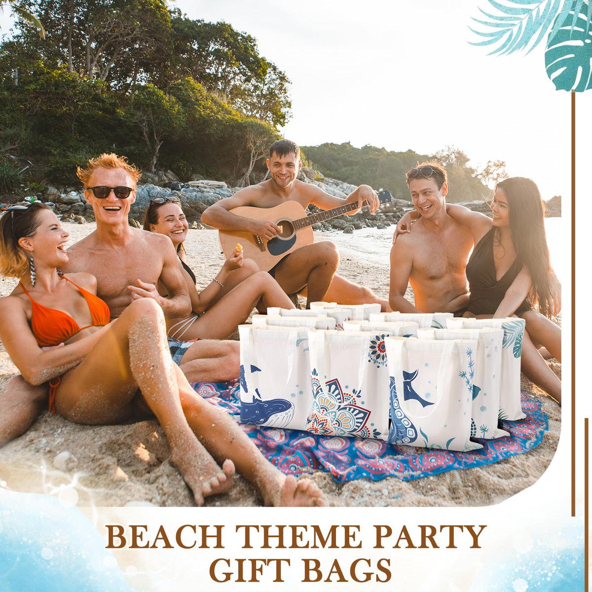 SATINIOR 10 Pcs Beach Theme Canvas Totes Bags Gifts Shopping Bags Reusable Grocery Handbags for Women Travel Cruise Wedding(Vertical Style)