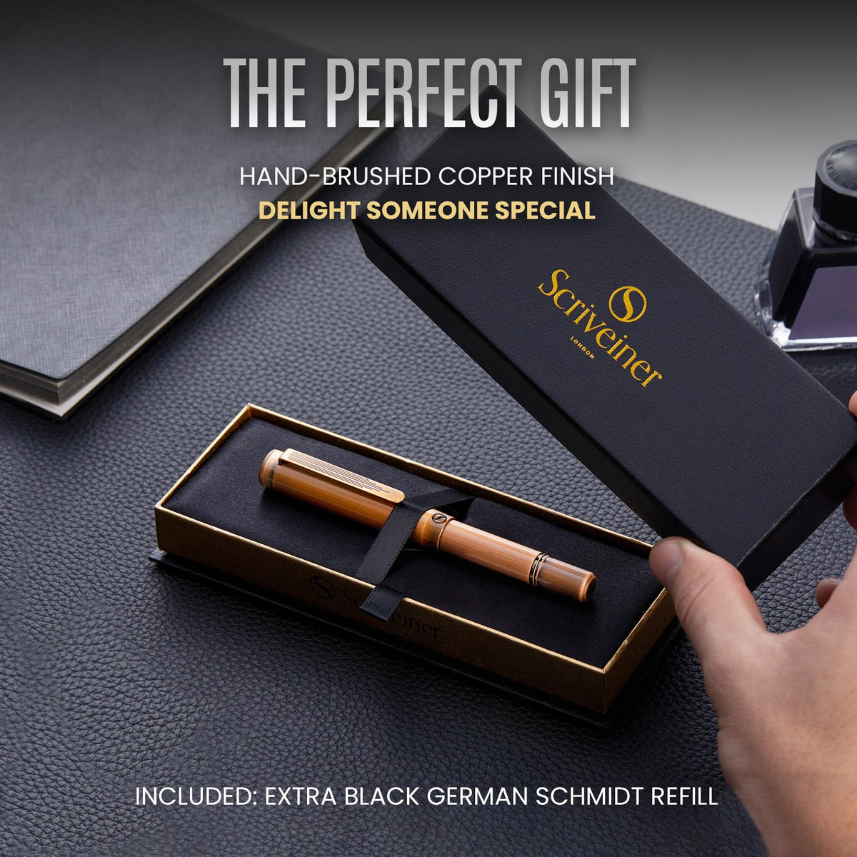 Scriveiner EDC Luxury Rollerball Pen, Stunning Heavy Pocket Pen, Hand Brushed Copper Finish, Cool Writing Pen, Best Pen Gift for Men, Women, German Schmidt Refill, Nice Fancy Office Designer Pen Set