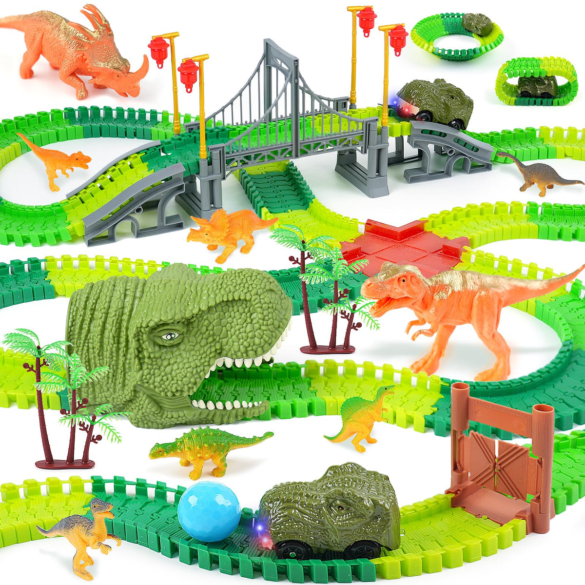BEMITON Dinosaur Toys Race Car Track, Create a Dinosaur World Road Race, Flexible Dinosaur Track Toys Set, Christmas Birthday Gifts for 3 4 5 6 7 Years Old Boys Girls Kids