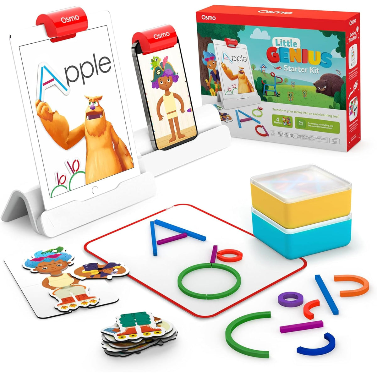 Osmo - Little Genius Starter Kit for iPad - 4 Hands-On Learning Games - Ages 3-5 - Problem Solving, Phonics & Creativity (Osmo iPad Base Included), Multicolor