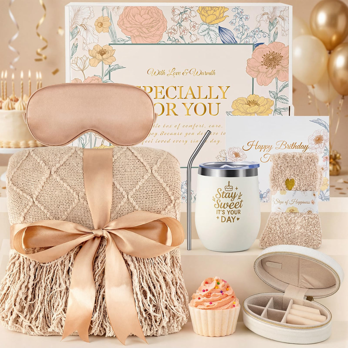 YEERSWAG Birthday Gifts for Women, Self Care Package Unique Happy Birthday Basket for Her Mom Best Friends Wife Sister Boss, Get Well Soon Gift Baskets Spa Care Relaxation Sets, Khaki