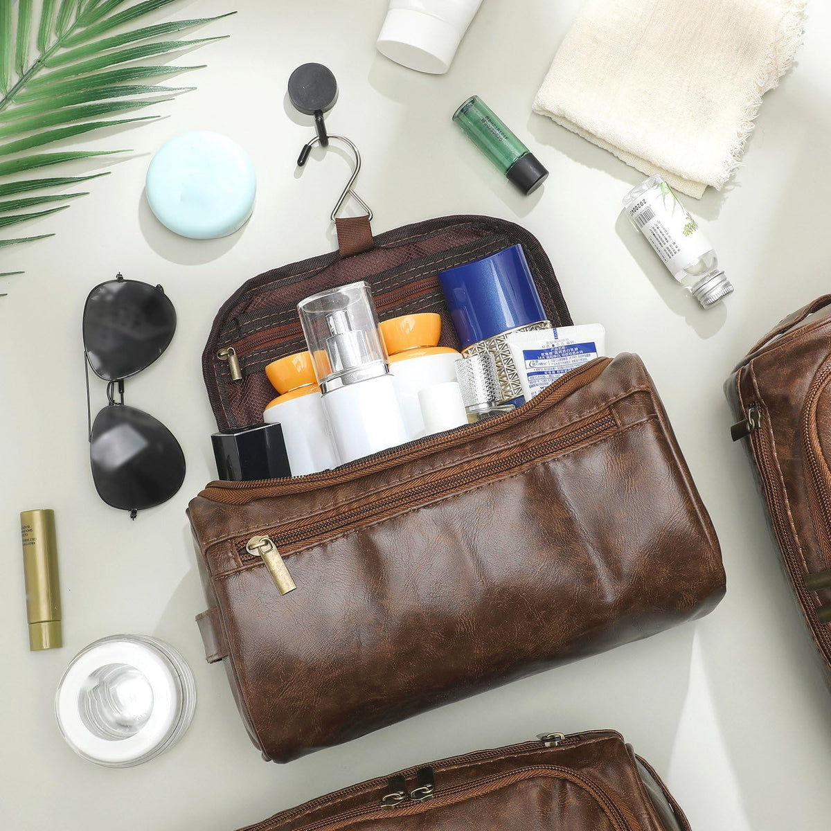 Aliceset 6 Pcs Groomsmen Gift Groomsmen Toiletry Bags Set of 6 Leather Toiletry Bag for Men with Hook Leather Wedding Proposal Bag with Side Handle Father Gift(Dark Brown)